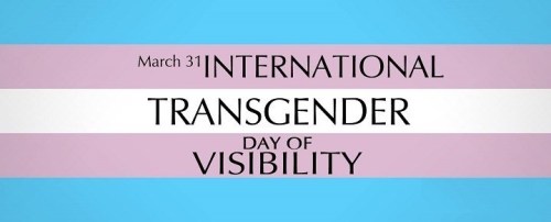 Blue pink and white striped flag with the words "March 31, International Transgender Day of Visibility"
